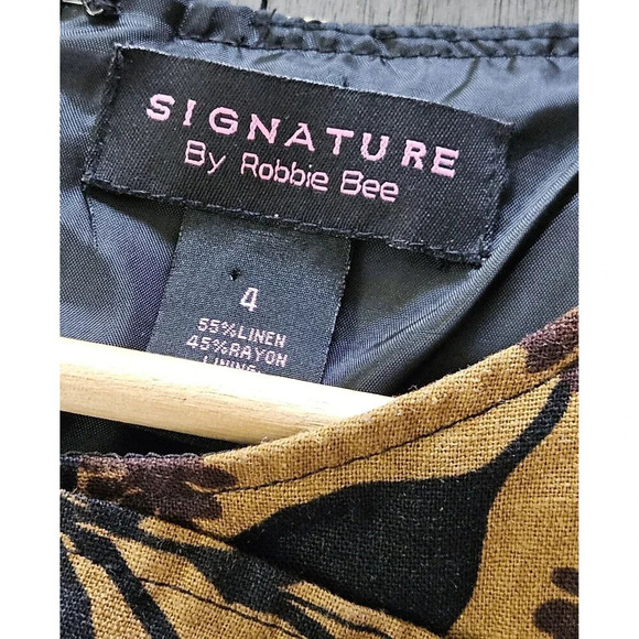 Brown Floral Shift Linen Blend Dress Size 4 Signature By Robbie Bee Tropical - Picture 8 of 9